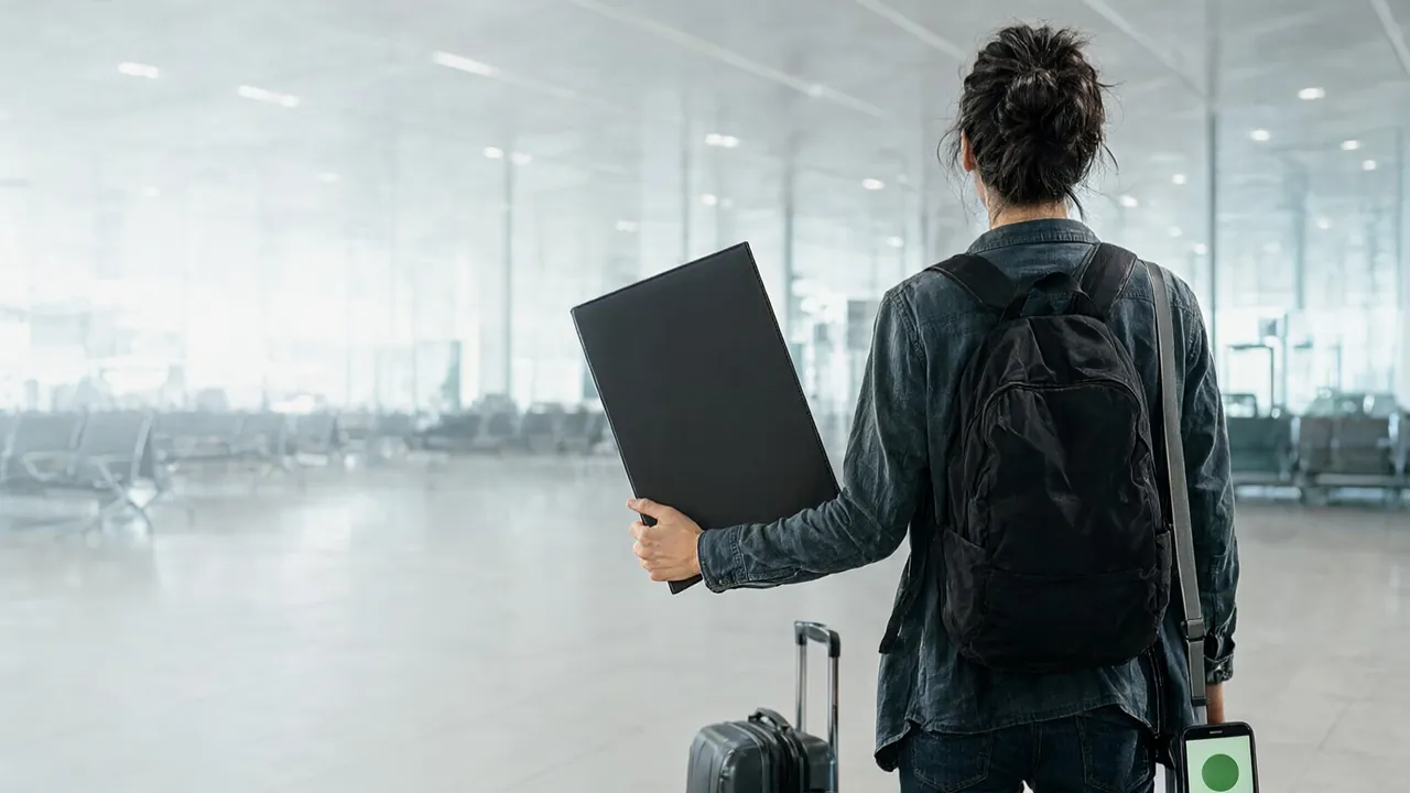공항 입국 심사를 앞두고 여권과 휴대전화로 ESTA 정보를 확인하는 여행자